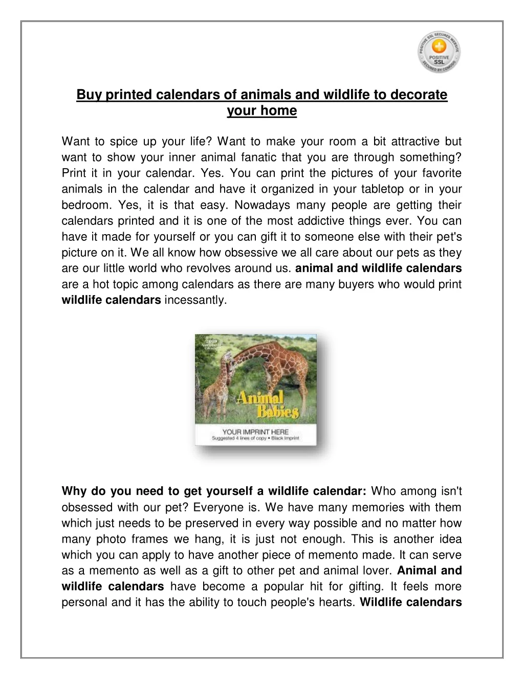 buy printed calendars of animals and wildlife
