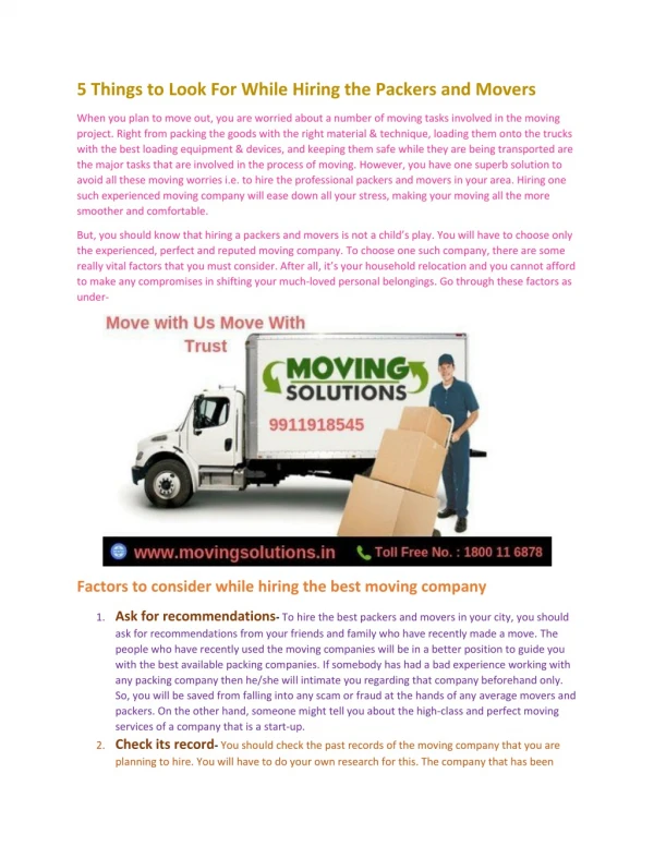 5 Things to Look For While Hiring the Packers and Movers