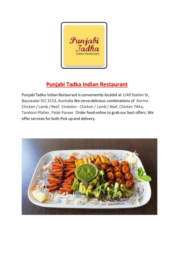 25% Off -Punjabi Tadka Indian Restaurant-Bayswater - Order Food Online