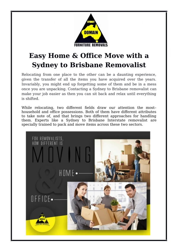 Easy Home & Office Move with a Sydney to Brisbane Removalist