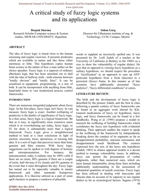 A critical study of fuzzy logic systems and its applications