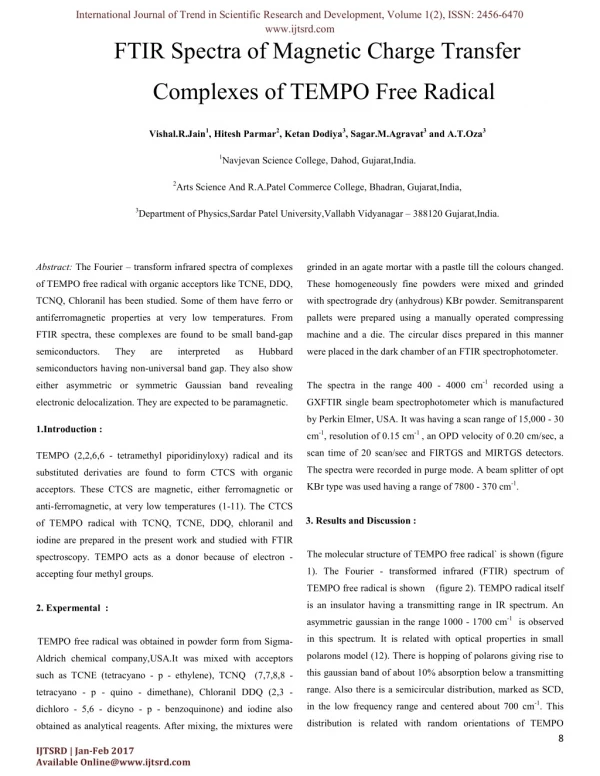 FTIR Spectra of Magnetic Charge Transfer Complexes of TEMPO Free Radical