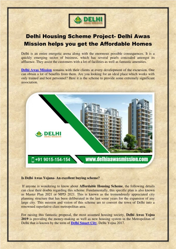 Delhi Housing Scheme Project- Delhi Awas Mission helps you get the Affordable Homes