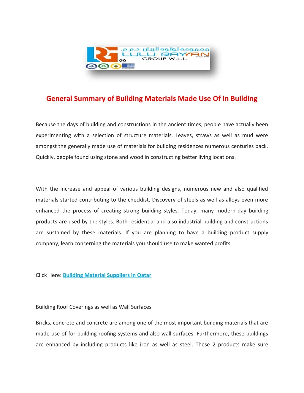 general summary of building materials made
