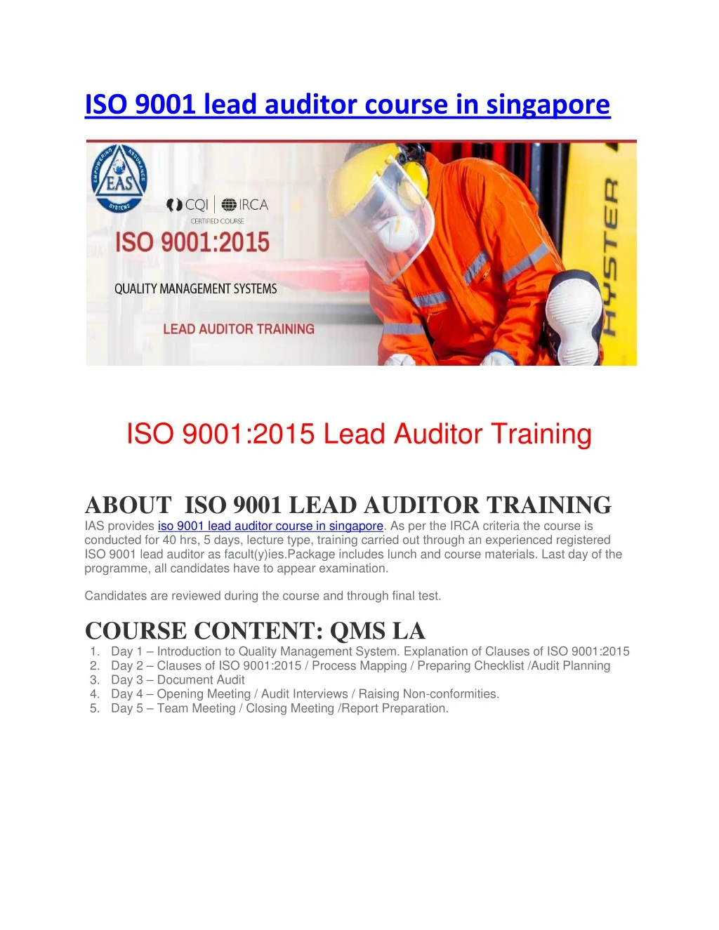 iso 9001 lead auditor course in singapore