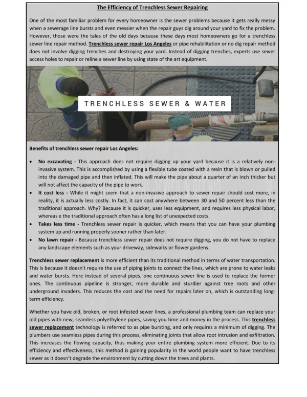 The Efficiency of Trenchless Sewer Repairing
