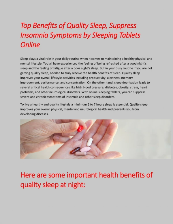 Top Benefits of Quality Sleep, Suppress Insomnia Symptoms by Sleeping Tablets Online