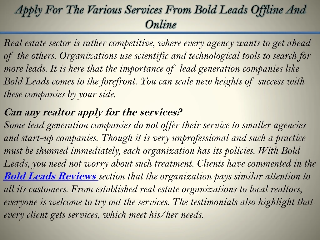 apply for the various services from bold leads