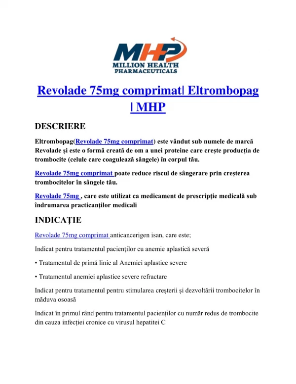 Revolade 75mg tablets | Eltrombopag | MHP