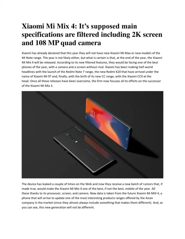 Xiaomi Mi Mix 4: 2K screen and 108MP Camera