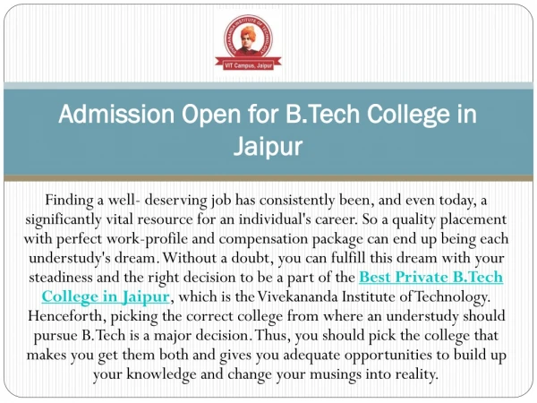 Admission Open for B.Tech College in Jaipur