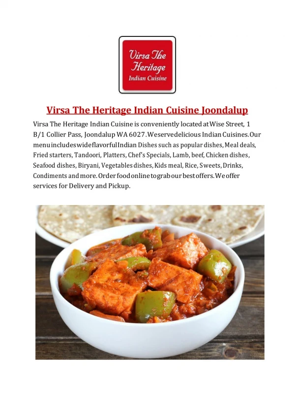 25% Off -Virsa The Heritage Indian Cuisine-Joondalup - Order Food Online