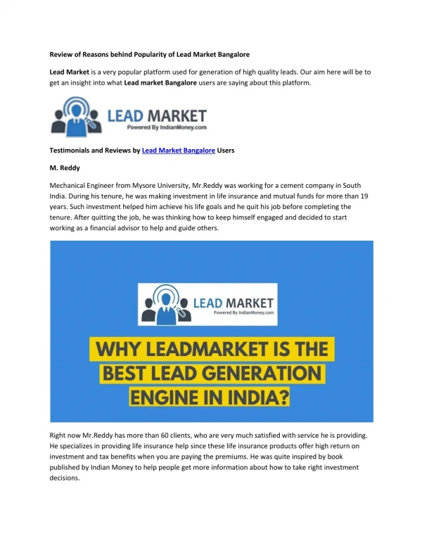 Review of Reasons behind Popularity of Lead Market Bangalore
