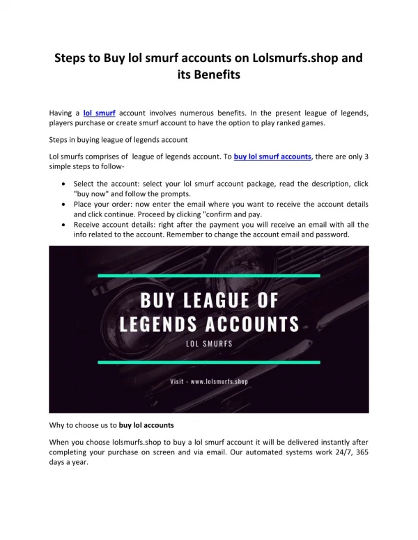Lol Smurfs - Buy League of legend Accounts
