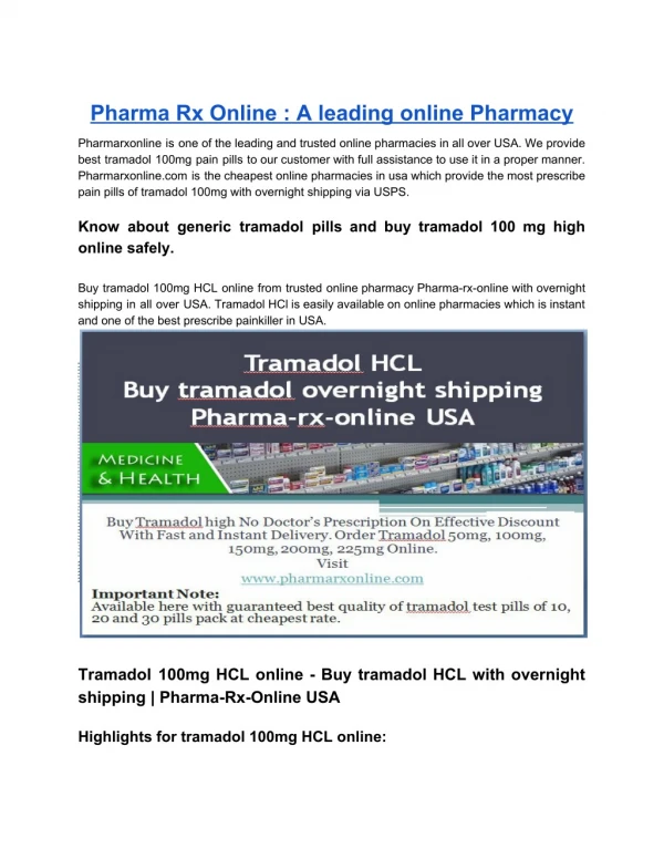 Tramadol 100mg HCL online - Buy tramadol HCL with overnight shipping | Pharma-Rx-Online USA