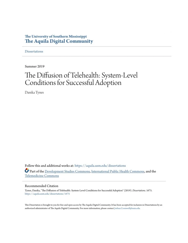 The Diffusion of Telehealth: System-Level Conditions for Successful Adoption by Danika Tynes, Ph.D.