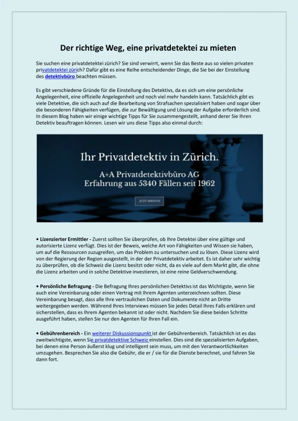 Detektivbüro Schweiz, Privatdetektei Schweiz