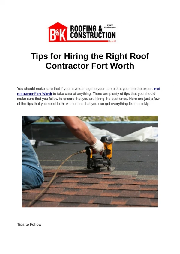 Tips for Hiring the Right Roof Contractor Fort Worth