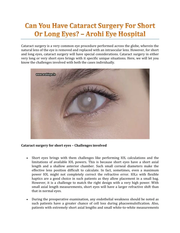 Can You Have Cataract Surgery For Short Or Long Eyes? - Arohi Eye Hospital