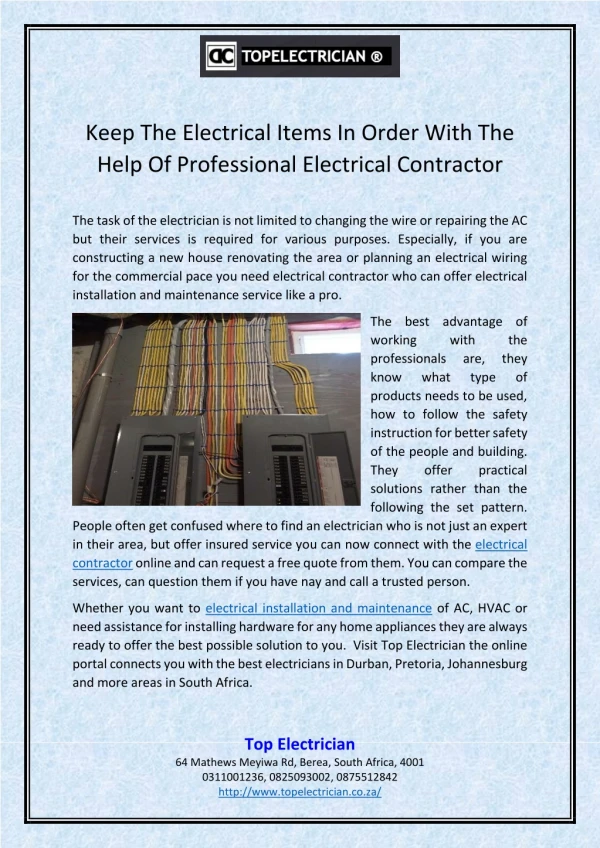 Keep The Electrical Items In Order With The Help Of Professional Electrical Contractor