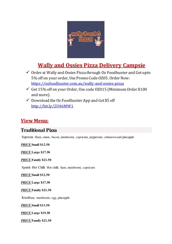 15% Off - Wally and Ossies Pizza-Campsie - Order Food Online