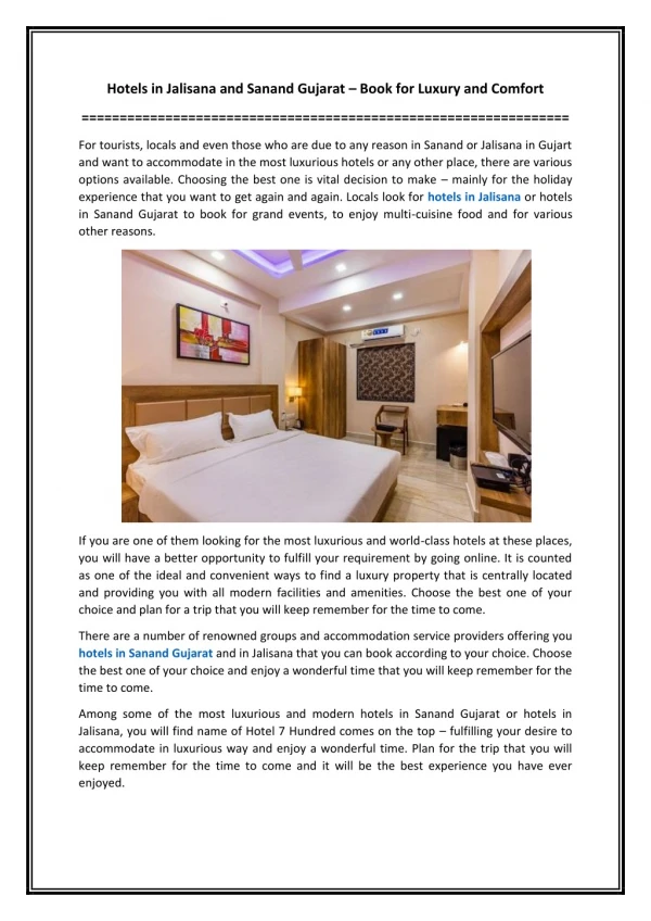 Hotels in Jalisana and Sanand Gujarat – Book for Luxury and Comfort