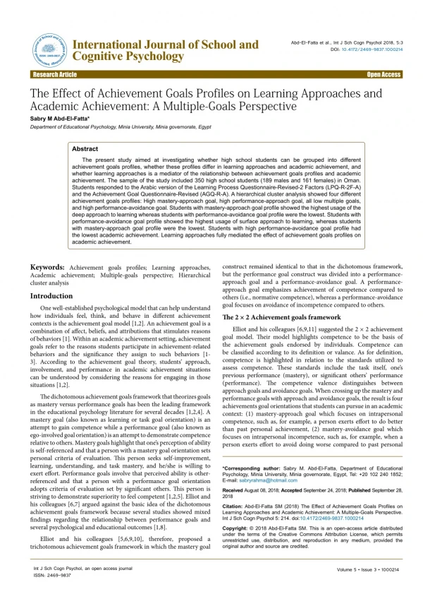 The Effect of Achievement Goals Profiles on Learning Approaches and Academic Achievement: A Multiple-Goals Perspective