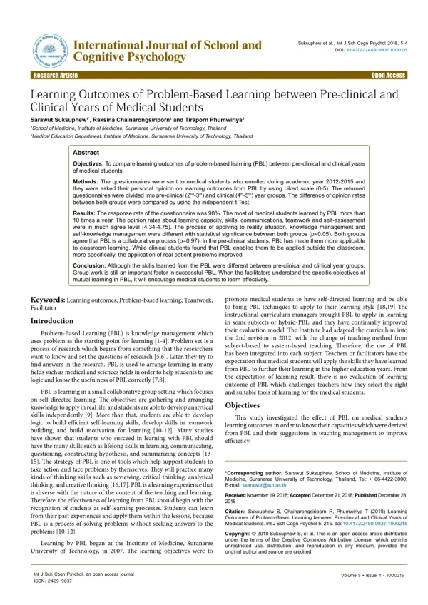 Learning Outcomes of Problem-Based Learning between Pre-clinical and Clinical Years of Medical Students