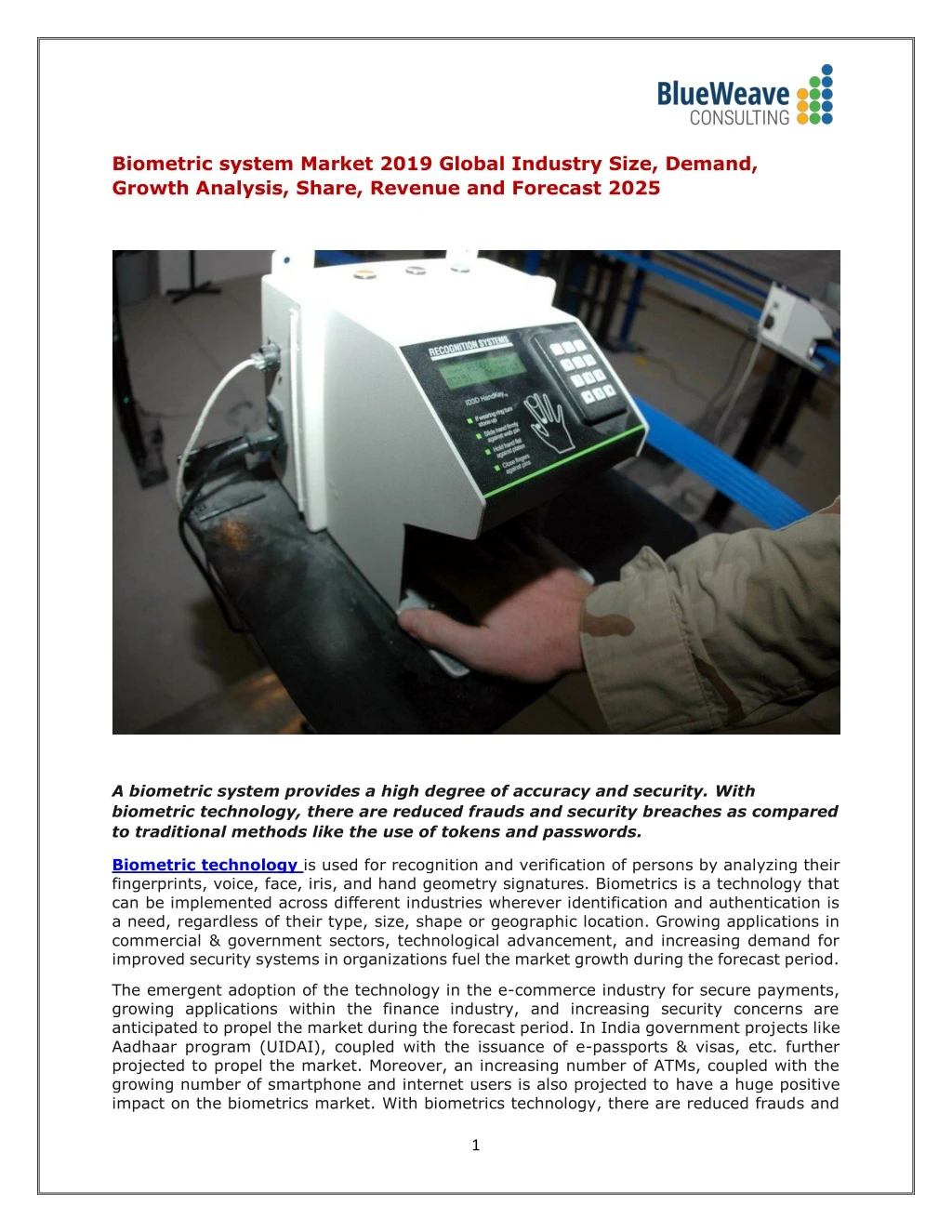 biometric system market 2019 global industry size