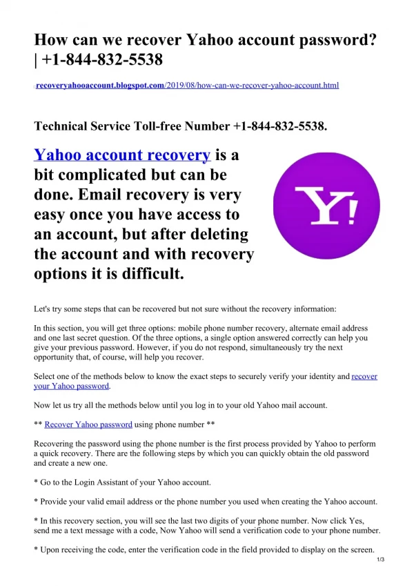 How can we recover Yahoo account password? 1-844-832-5538