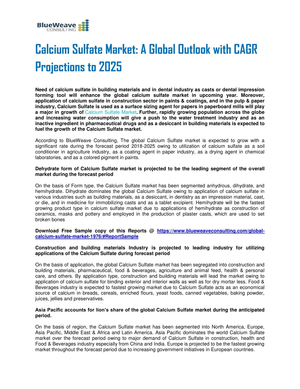 calcium sulfate market a global outlook with cagr