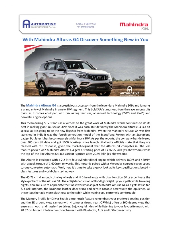 With Mahindra Alturas G4 Discover Something New in You