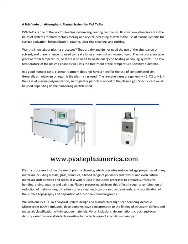 A Brief note on Atmospheric Plasma System by PVA TePla