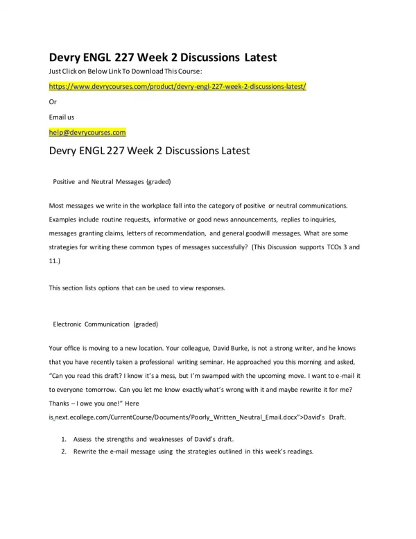 Devry ENGL 227 Week 2 Discussions Latest