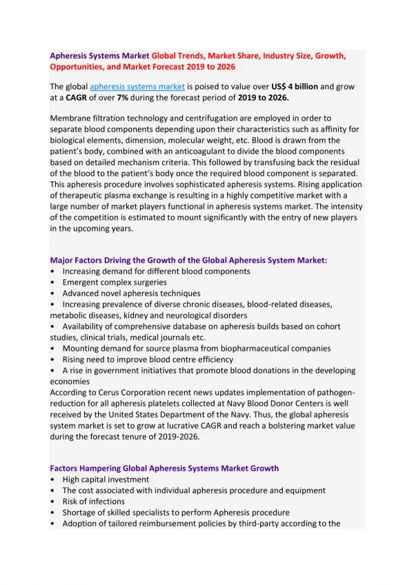 Apheresis Systems Market Global Trends, Market Share, Industry Size, Growth, Opportunities, and Market Forecast 2019 to