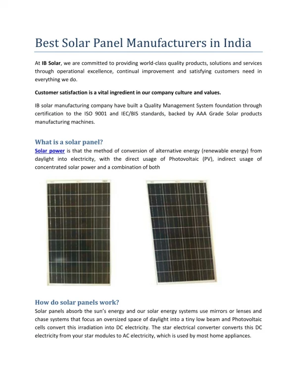 Best Solar Panel Manufacturers in India - IB Solar