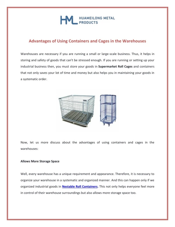Advantages of Using Containers and Cages in the Warehouses