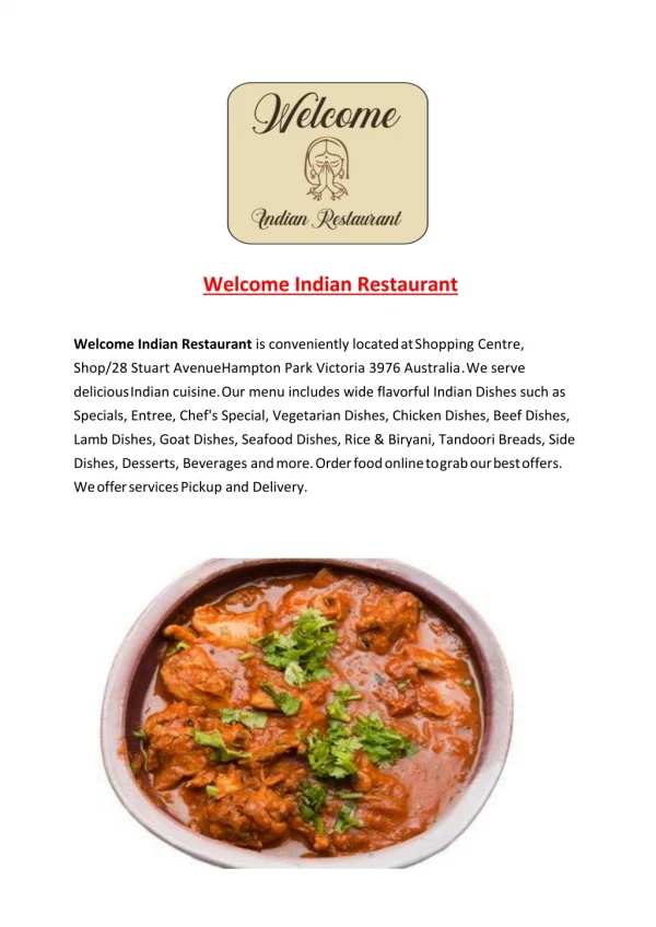 15% Off - Welcome Indian Restaurant-Hampton Park - Order Food Online