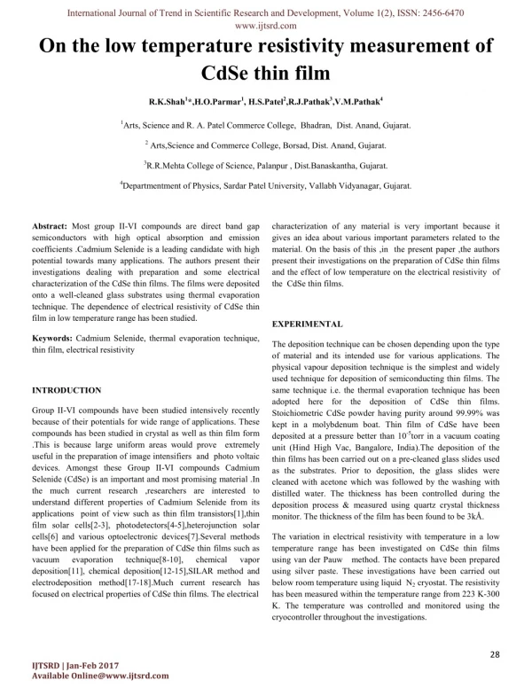 On the low temperature resistivity measurement of CdSe thin film