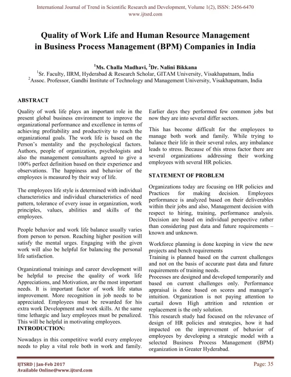 Quality of work life and Human resource Management in Business Process Management (BPM) Companies in India