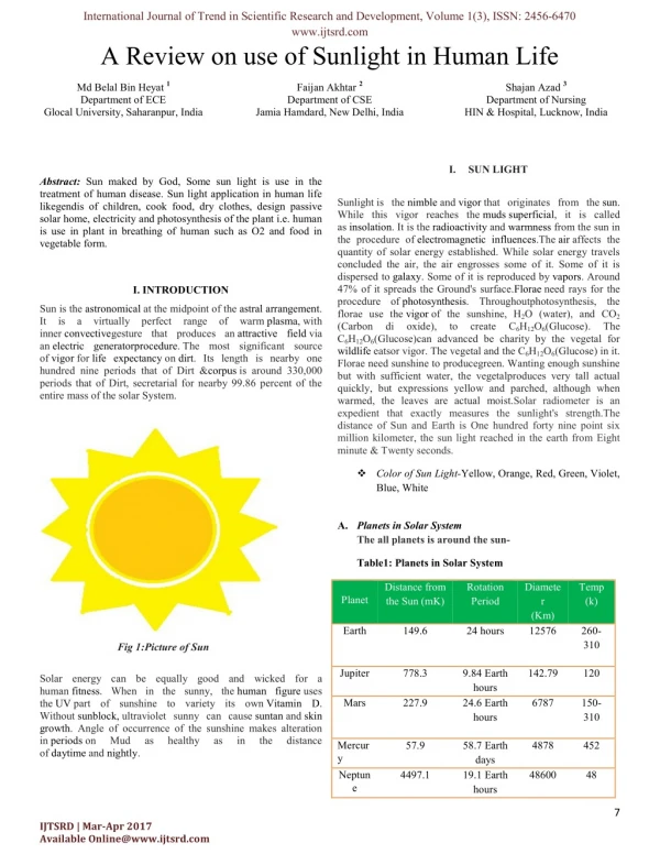 A Review on use of Sunlight in Human Life