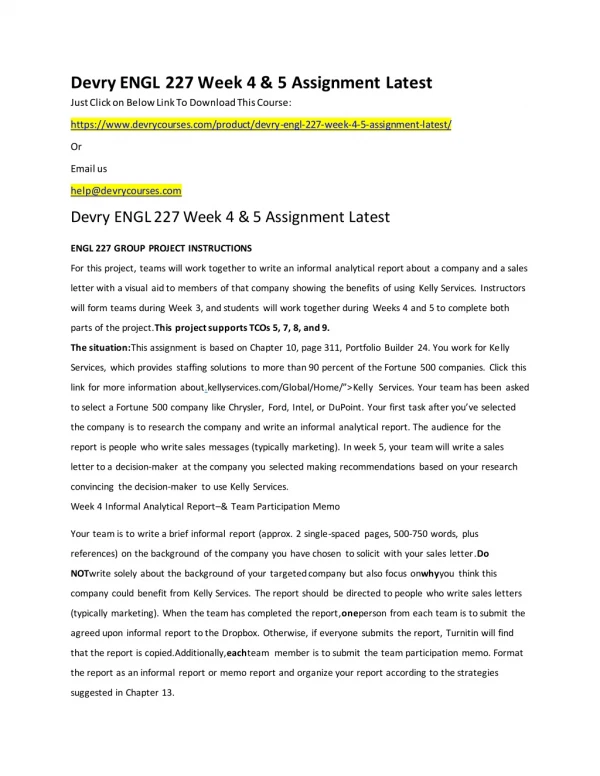 Devry ENGL 227 Week 4 & 5 Assignment Latest