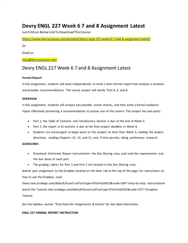 Devry ENGL 227 Week 6 7 and 8 Assignment Latest