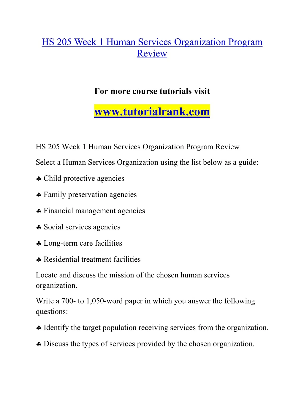 hs 205 week 1 human services organization program