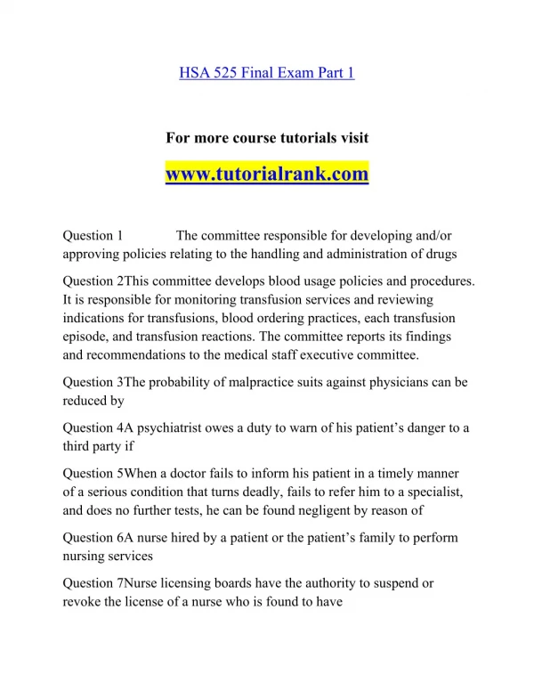 HSA 525 Effective Communication - tutorialrank.com