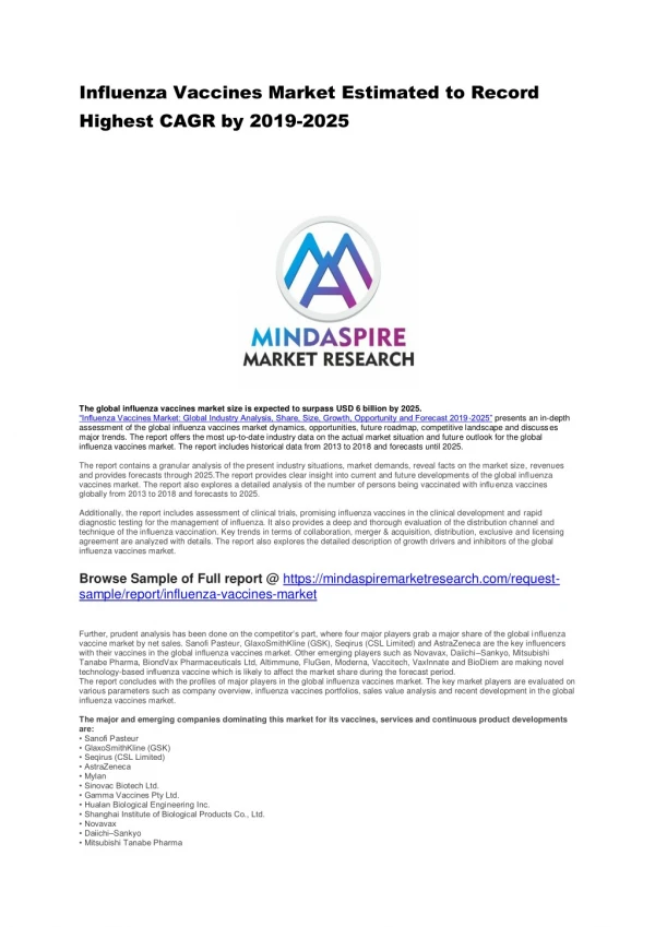 Influenza Vaccines Market Estimated to Record Highest CAGR by 2019-2025