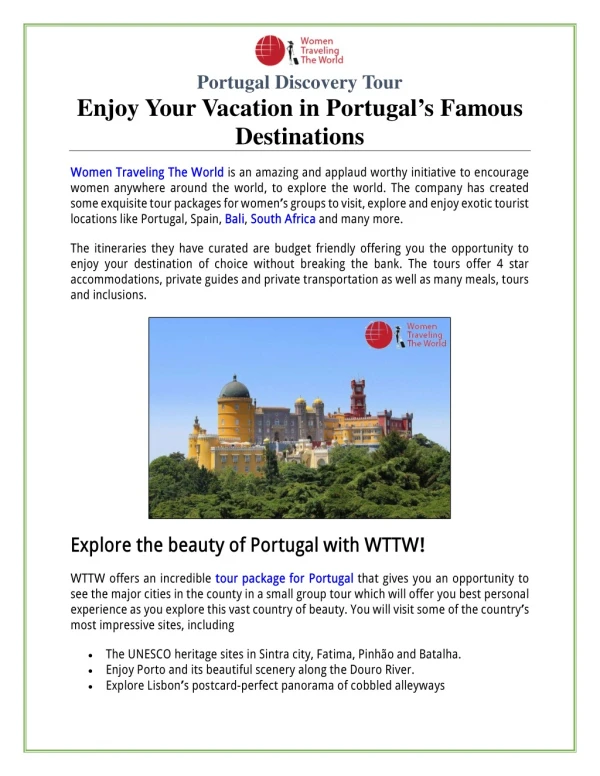 Portugal Discovery Tour: Enjoy Your Vacation in Portugal’s Famous Destinations
