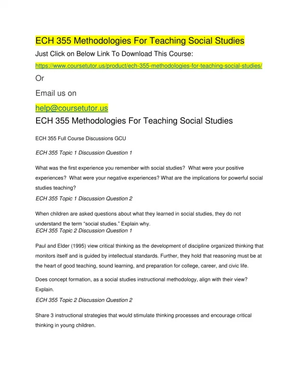 ECH 355 Methodologies For Teaching Social Studies