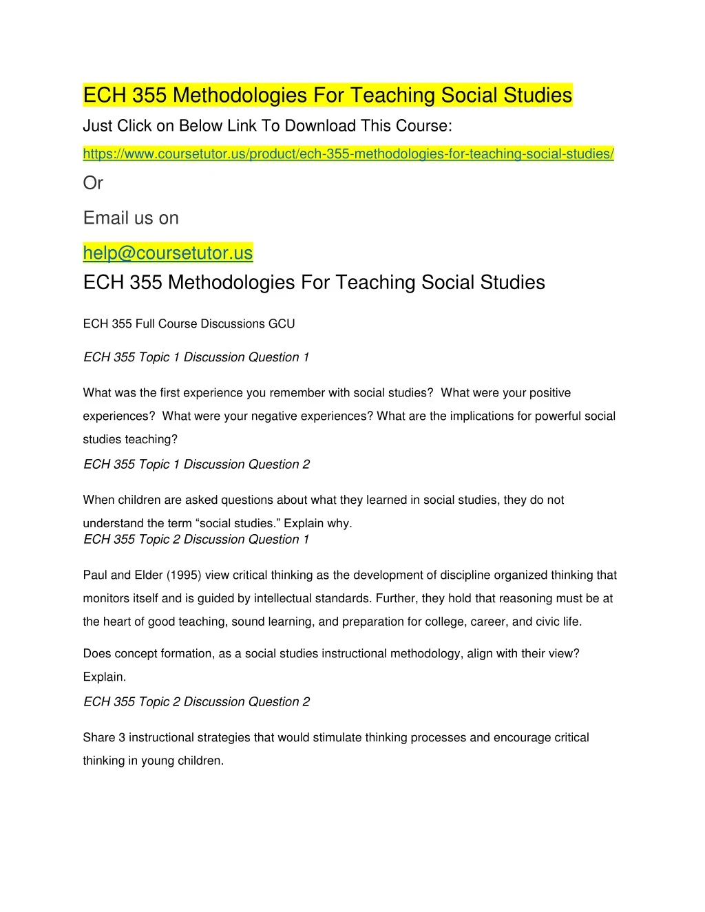 ech 355 methodologies for teaching social studies