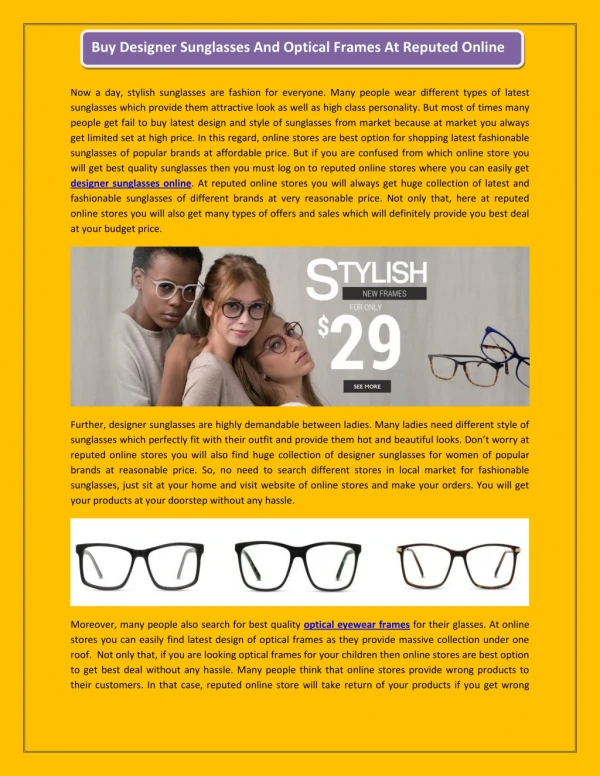 Buy Designer Sunglasses And Optical Frames At Reputed Online